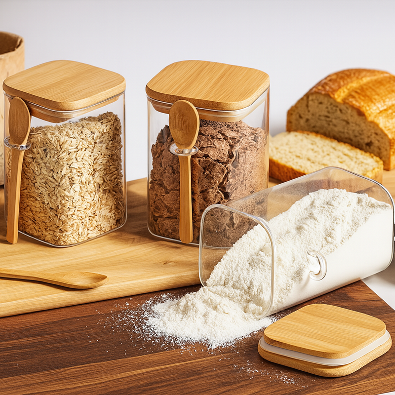 Kit Potes de vidro com tampa de bambu hermética - EcoGlass - 450 ml - Promoça